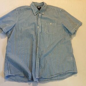 Lands End Men's Seersucker Shirt XL Blue Pinstripes Pre Owned